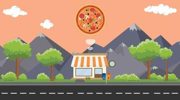 Tienda de comida de pizza en la acera con árboles y montañas como fondo vector