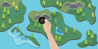 hand holding a compass on top of map to travel adventure vector