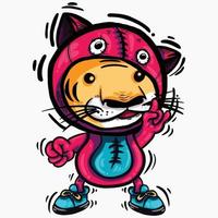 vector illustration of cartoon hand drawn cute tiger cub with costume