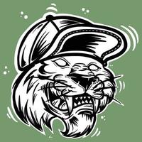 black and white tiger head outline vector illustration with hat cap