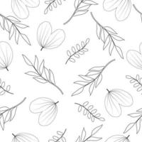 Seamless hand drawn leaves line pattern in black and white background vector