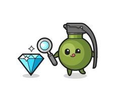 grenade mascot is checking the authenticity of a diamond vector