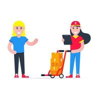 Fast delivery character with clipboard and trolley and boxes vector