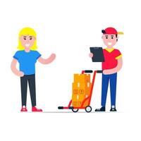 Fast delivery character with clipboard and trolley and boxes vector