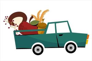 The car with pumpkins in trunk goes forward isolated on a white backg vector