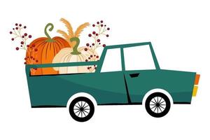 The car with pumpkins in trunk goes forward isolated on a vector