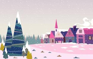 Winter Scenery with Village and Trees vector