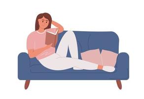mujer joven, libro de lectura, en el sofá vector
