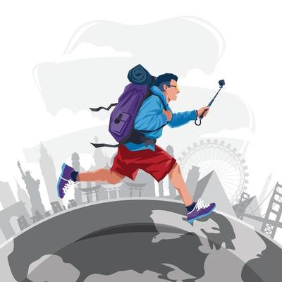 Happy Tourist Travelling Around The World Concept