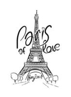 Eiffel Tower in Paris. Linear drawing. Lettering, calligraphy vector
