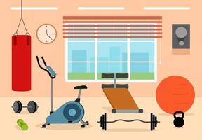 Gym with exercise machine, barbell, dumbbells and punching bag vector