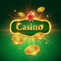 logotipo del casino sobre un fondo verde. monedas de oro voladoras vector