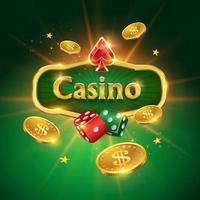 Casino logo on a green background. Dice, flying gold coins vector