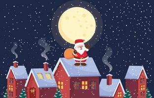 Santa Standing on the Roof in Snowy Night vector