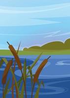 Landscape with reeds on the river. Scenery in vertical orientation. vector