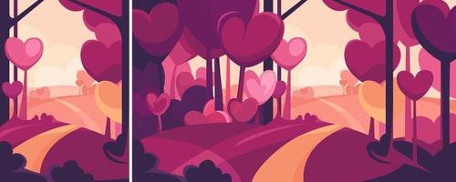 Road through the forest with heart shape trees in different formats. vector