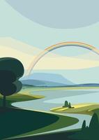 paisaje con río y arco iris en orientación vertical. vector