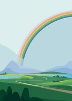 Landscape with mountains and rainbow. Scenery in vertical orientation. vector