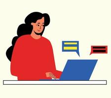 The girl is working at the computer. The concept of remote work vector