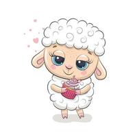 Cute baby sheep with cupcake. Vector illustration.