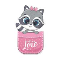 Cute baby raccoon in pocket. Vector illustration.