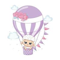 Cute baby sheep on a hot air balloon. Vector illustration.