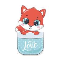 Cute baby fox in pocket. Vector illustration.