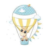 Cute baby giraffe on a hot air balloon. Vector illustration.