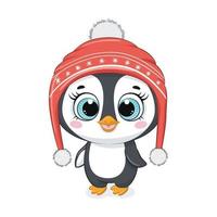 pingüino de dibujos animados lindo en el sombrero de invierno. vector