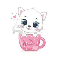 Cute baby kitten in cup. Vector illustration.