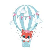 Cute baby fox on a hot air balloon. Vector illustration.