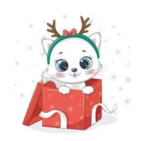 Cute kitten in gift box. Vector illustration.