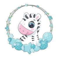 Cute zebra with balloon and wreath. Vector illustration.