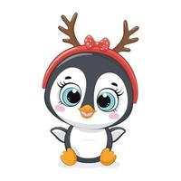pingüino de dibujos animados lindo con cuerno de Navidad. vector