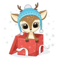 Cute deer in gift box. Vector illustration.