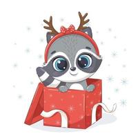 Cute raccoon in gift box. Vector illustration.