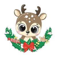 Cute deer with Christmas wreath. Vector illustration.