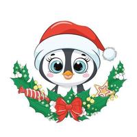 Cute penguin with Christmas wreath. Vector illustration.