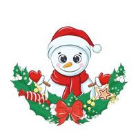 Cute snowman with Christmas wreath. Vector illustration.