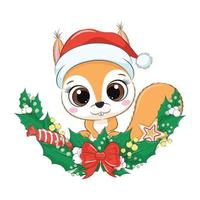 Cute squirrel with Christmas wreath. Vector illustration.