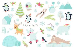 Winter time and animal isolated objects set