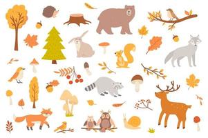 bosque de otoño con conjunto de objetos aislados de animales vector