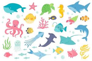 Underwater animal and fishes isolated objects set vector