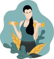 Brunette with long hair holds dumbbells in a cloud with leaves.Fitness vector