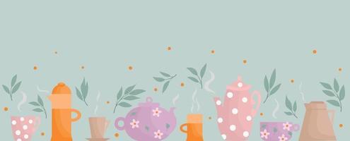 Baner with teapots and cups with decor. Tea set for the ceremony. vector