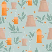 Seamless pattern with teapots and cups in orange colors. vector