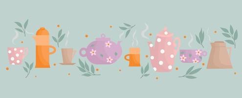 Banner with teapot and teapots. Tea set with decor. vector