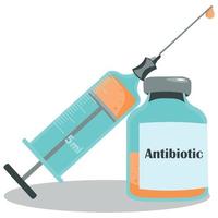 The syringe with the dose of the drug rests on the antibiotic bottle. vector