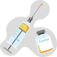 A syringe with a yellow medicine and a bottle with the words vaccine. vector