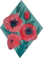 Red poppies with foliage on a green background in the shape of diamond vector